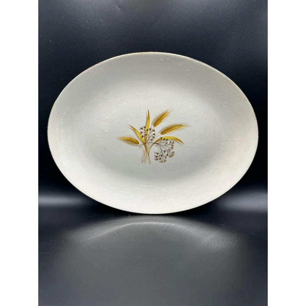 Vintage Mid Century Wheat Harvest Oval Ceramic Serving Platter Gold Rim 11.5in